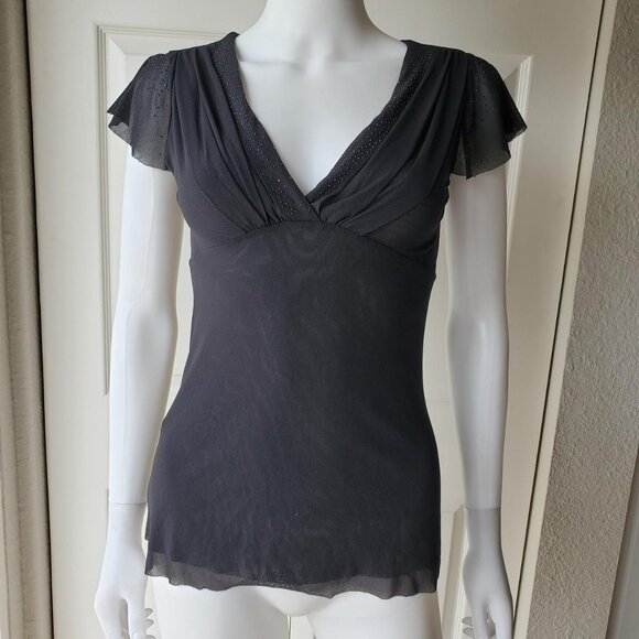 black y2k short sleeve v neck mesh top - Picture 1 of 8